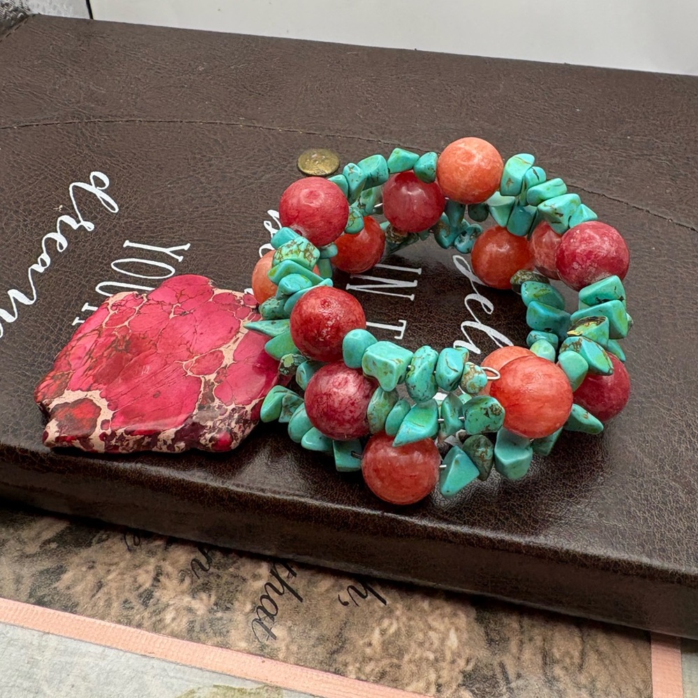 Chunky Turquoise Coral Wrap Bracelet Boho Southwestern Maximalist Statement